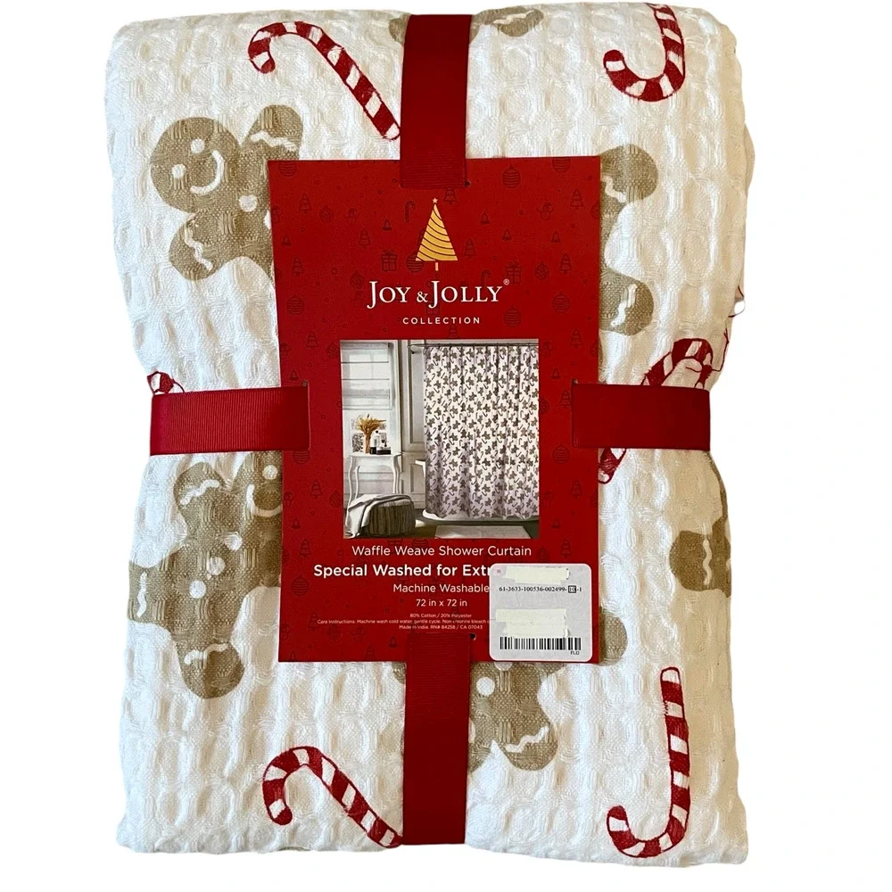 Joy & Jolly GINGERBREAD Shower Curtain 72x72 Christmas Candy Cane Waffle Weave